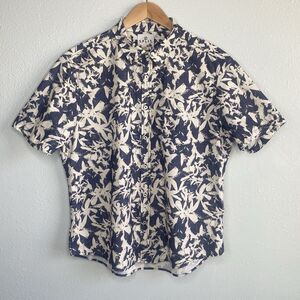 Split Mens Size XL Slim Fit Blue Tropical Button Up Shirt Short Sleeve Hawaiian